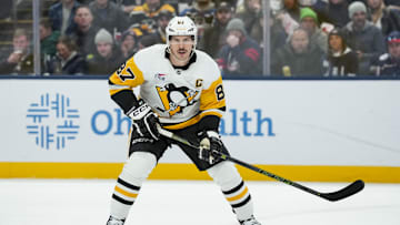 Nov 28, 2025; Columbus, Ohio, USA;  Pittsburgh Penguins center Sidney Crosby (87) skates against the Columbus Blue Jackets in the third period at Nationwide Arena. Mandatory Credit: Aaron Doster-Imagn Images