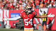 Oct 12, 2025; Tampa, Florida, USA; San Francisco 49ers linebacker Fred Warner (54) before the start of the game against the Tampa Bay Buccaneers  at Raymond James Stadium. Mandatory Credit: Jonathan Dyer-Imagn Images