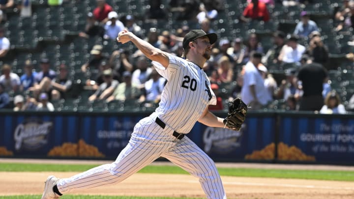 Jul 10, 2024; Chicago, Illinois, USA;  Chicago White Sox pitcher Erick Fedde (20) delivers during the first inning against the Minnesota Twins at Guaranteed Rate Field. Mandatory Credit: Matt Marton-USA TODAY Sports