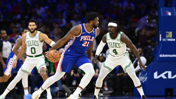 Nov 8, 2023; Philadelphia, Pennsylvania, USA; Philadelphia 76ers center Joel Embiid (21) controls the ball against Boston Celtics guard Jrue Holiday (4) in the first quarter at Wells Fargo Center. Mandatory Credit: Kyle Ross-USA TODAY Sports