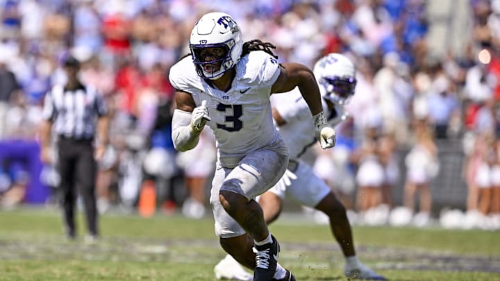 Sep 20, 2025; Fort Worth, Texas, USA; TCU Horned Frogs linebacker Kaleb Elarms-Orr (3) rushes the line during the game between the TCU Horned Frogs and the SMU Mustangs at Amon G. Carter Stadium. Mandatory Credit: Jerome Miron-Imagn Images