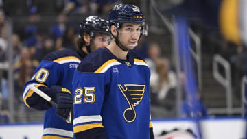 Apr 14, 2024; St. Louis, Missouri, USA; St. Louis Blues center Jordan Kyrou (25) look on against the Seattle Kraken during the third period at Enterprise Center. Mandatory Credit: Jeff Le-USA TODAY Sports