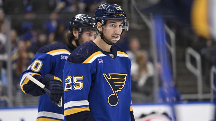 Apr 14, 2024; St. Louis, Missouri, USA; St. Louis Blues center Jordan Kyrou (25) look on against the Seattle Kraken during the third period at Enterprise Center. Mandatory Credit: Jeff Le-USA TODAY Sports