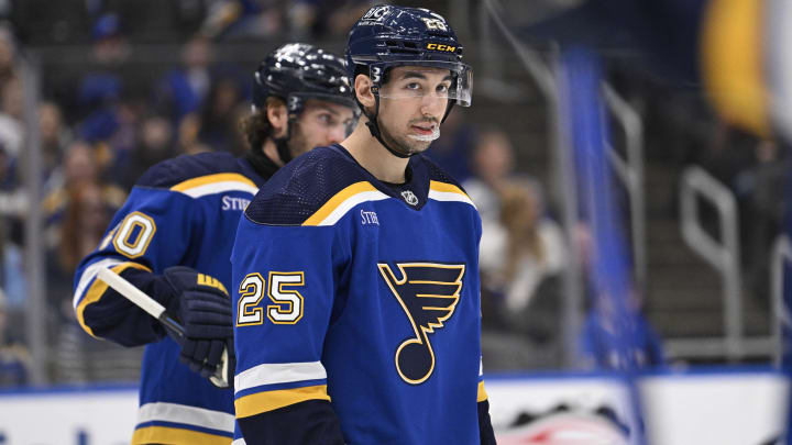 Apr 14, 2024; St. Louis, Missouri, USA; St. Louis Blues center Jordan Kyrou (25) look on against the Seattle Kraken during the third period at Enterprise Center. Mandatory Credit: Jeff Le-USA TODAY Sports