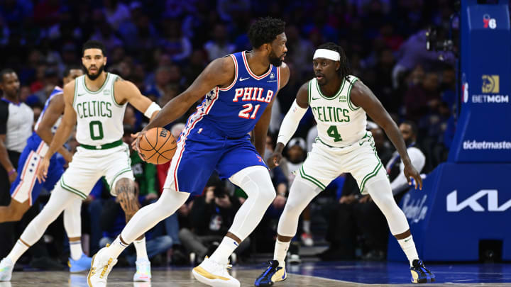 Nov 8, 2023; Philadelphia, Pennsylvania, USA; Philadelphia 76ers center Joel Embiid (21) controls the ball against Boston Celtics guard Jrue Holiday (4) in the first quarter at Wells Fargo Center. Mandatory Credit: Kyle Ross-USA TODAY Sports