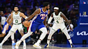 Nov 8, 2023; Philadelphia, Pennsylvania, USA; Philadelphia 76ers center Joel Embiid (21) controls the ball against Boston Celtics guard Jrue Holiday (4) in the first quarter at Wells Fargo Center. Mandatory Credit: Kyle Ross-Imagn Images