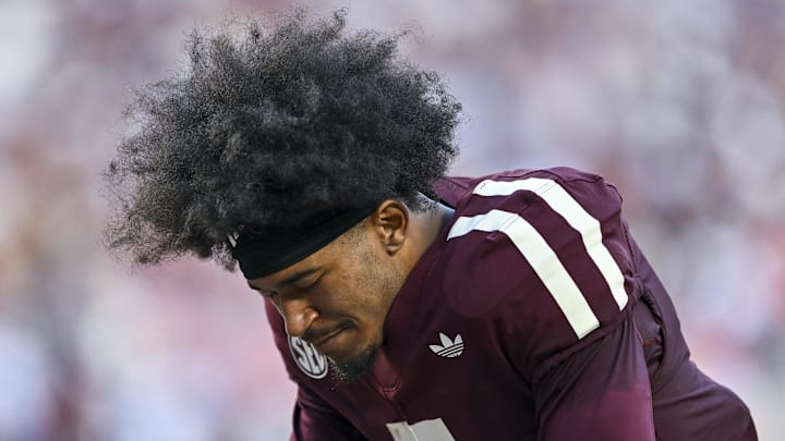 Oct 11, 2025; College Station, Texas, USA; Texas A&M Aggies wide receiver KC Concepcion (7) takes a moment prior to the game against the Florida Gators at Kyle Field. Mandatory Credit: Maria Lysaker-Imagn Images 