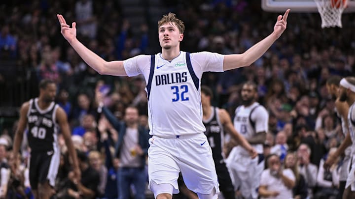 Feb 5, 2026; Dallas, Texas, USA; Dallas Mavericks forward Cooper Flagg (32) celebrates during the second half against the San Antonio Spurs at the American Airlines Center. 