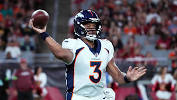 Aug 11, 2023; Glendale, Arizona, USA; Denver Broncos quarterback Russell Wilson (3) throws a pass