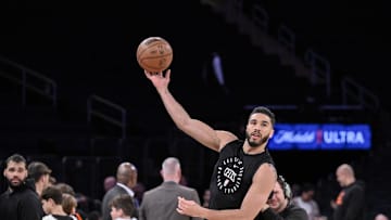 Apr 8, 2025; New York, New York, USA; Boston Celtics forward Jayson Tatum (0) warms up before a game against the New York Knicks at Madison Square Garden. Mandatory Credit: John Jones-Imagn Images