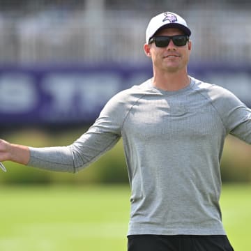 Aug 3, 2024; Eagan, MN, USA; Minnesota Vikings head coach Kevin O'Connell reacts during practice at Vikings training camp in Eagan, MN. Mandatory Credit: Jeffrey Becker-USA TODAY Sports