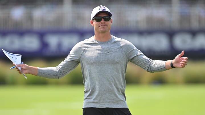 Aug 3, 2024; Eagan, MN, USA; Minnesota Vikings head coach Kevin O'Connell reacts during practice at Vikings training camp in Eagan, MN. Mandatory Credit: Jeffrey Becker-USA TODAY Sports