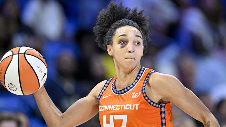 Connecticut Sun guard Leila Lacan (47) passes the ball during the second half against the Dallas Wings at College Park Center. Connecticut Sun guard Leila Lacan (47) passes the ball during the second half against the Dallas Wings at College Park Center.