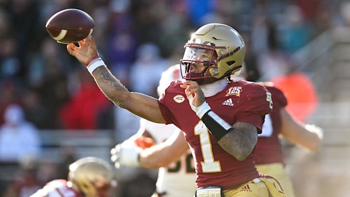 Nov 24, 2023; Chestnut Hill, Massachusetts, USA; Boston College Eagles quarterback Thomas Castellanos (1) throws the ball against the Miami Hurricanes during the second half at Alumni Stadium. Mandatory Credit: Brian Fluharty-USA TODAY Sports