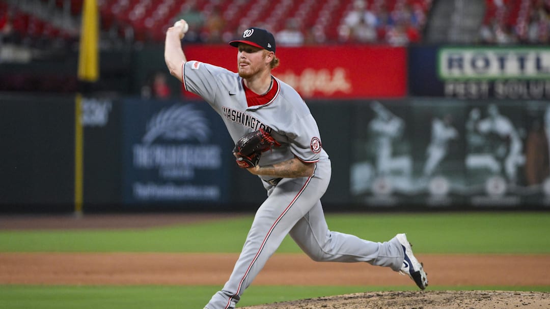 Jul 10, 2025; St. Louis, Missouri, USA;  Washington Nationals relief pitcher Mason Thompson (71) pitches against the St. Louis Cardinals during the sixth inning at Busch Stadium. Mandatory Credit: Jeff Curry-Imagn Images