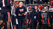 Nov 8, 2025; Corvallis, Oregon, USA; Oregon State Beavers interim head coach Robb Akey check the scoreboard during the second quarter against the Sam Houston Bearkats at Reser Stadium. Mandatory Credit: Craig Strobeck-Imagn Images