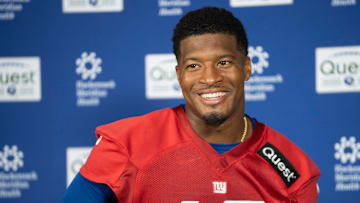 New York Giants quarterback Jameis Winston (19) speaks with members of the media during Mandatory Minicamp at Quest Diagnostics Giants Training Center in East Rutherford on Tuesday, June 17, 2025.