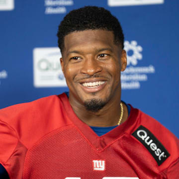 New York Giants quarterback Jameis Winston (19) speaks with members of the media during Mandatory Minicamp at Quest Diagnostics Giants Training Center in East Rutherford.