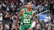 Oct 15, 2024; Toronto, Ontario, CAN;  Boston Celtics guard JD Davison (20) looks on against the Toronto Raptors at Scotiabank Arena. Mandatory Credit: Kevin Sousa-Imagn Images