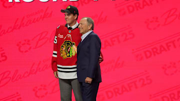 Jun 27, 2025; Los Angeles, California, USA; Anton Frondell is selected as the third overall pick to the Chicago Blackhawks in the first round of the 2025 NHL Draft at Peacock Theater. Mandatory Credit: Kirby Lee-Imagn Images