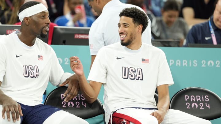 Aug 6, 2024; Paris, France; United States centre Bam Adebayo (13) and guard Tyrese Haliburton (9) look on in the second half in a men’s basketball quarterfinal game during the Paris 2024 Olympic Summer Games at Accor Arena. Mandatory Credit: Kyle Terada-USA TODAY Sports