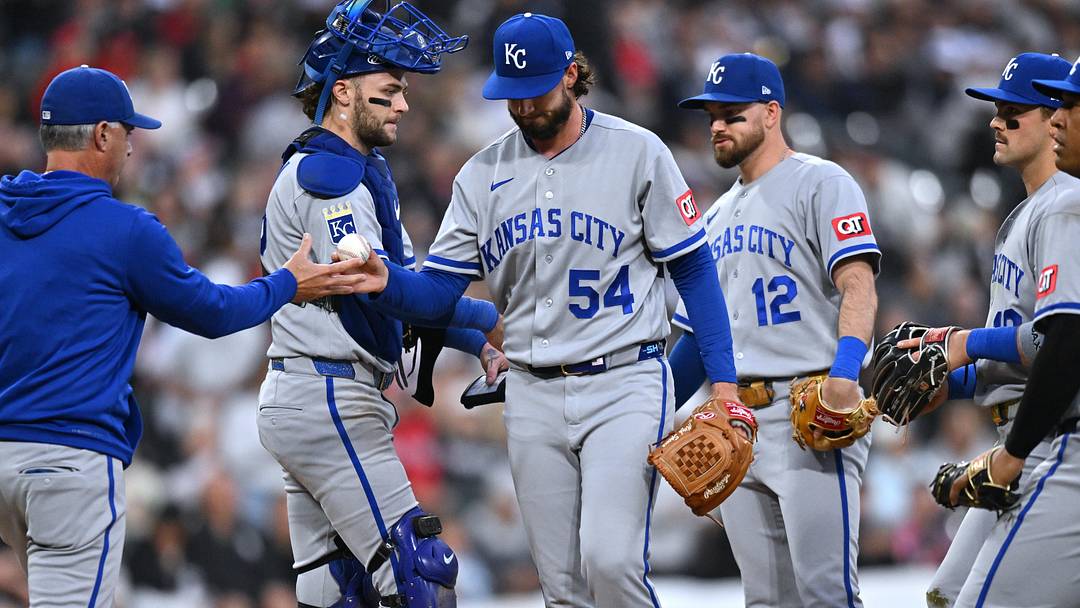 Jun 26, 2026; Chicago, Illinois, USA; Kansas City Royals pitcher Mitch Spence (54) is relieved against the Chicago White Sox after giving up 10 runs during the third inning at Rate Field. Mandatory Credit: Patrick Gorski-Imagn Images