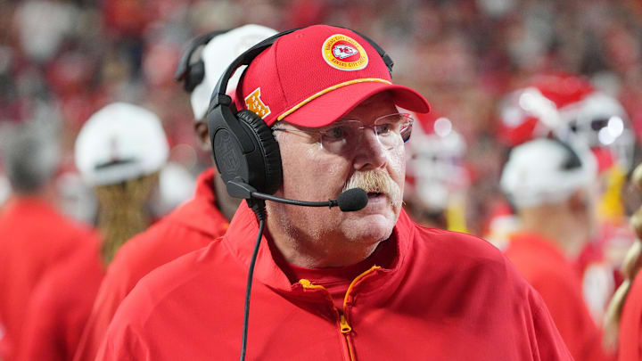 Aug 22, 2024; Kansas City, Missouri, USA; Kansas City Chiefs head coach Andy Reid watches play against the Chicago Bears during the first half at GEHA Field at Arrowhead Stadium. Mandatory Credit: Denny Medley-Imagn Images