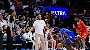 Apr 2, 2024; Houston, TX, USA; McDonald's All American East head coach Sharman White reacts during the second half against the McDonald's All American West at Toyota Center. Mandatory Credit: Maria Lysaker-Imagn Images