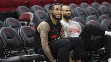 Mar 17, 2025; Houston, Texas, USA; Houston Rockets forward Cam Whitmore (7) looks on during warm ups before the game against the Philadelphia 76ers at Toyota Center. Mandatory Credit: Troy Taormina-Imagn Images