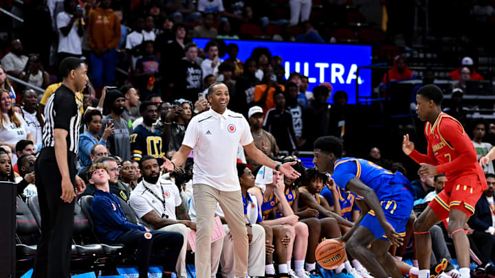 Apr 2, 2024; Houston, TX, USA; McDonald's All American East head coach Sharman White reacts during the second half against the McDonald's All American West at Toyota Center. Mandatory Credit: Maria Lysaker-Imagn Images