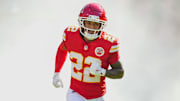 Sep 28, 2025; Kansas City, Missouri, USA; Kansas City Chiefs cornerback Trent McDuffie (22) takes the field prior to a game against the Baltimore Ravens at GEHA Field at Arrowhead Stadium. Mandatory Credit: Jay Biggerstaff-Imagn Images