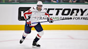 Oct 28, 2025; Dallas, Texas, USA; Washington Capitals left wing Pierre-Luc Dubois (80) skates against the Dallas Stars during the game between the Stars and the Capitals at the American Airlines Center. Mandatory Credit: Jerome Miron-Imagn Images