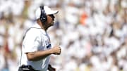 Sep 13, 2025; Charlottesville, Virginia, USA; Virginia Cavaliers head coach Tony Elliott looks on from the field in a stoppage in play against the William & Mary Tribe during the second quarter at Scott Stadium. Mandatory Credit: Amber Searls-Imagn Images