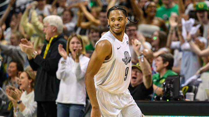 Mar 1, 2025; Eugene, Oregon, USA; Oregon Ducks guard Keeshawn Barthelemy (9) reacts to the crowd after a made three-point basket against the USC Trojans.