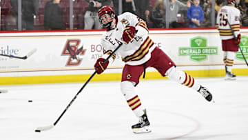 Feb 28, 2025; Chestnut Hill, MA, USA; Boston College forward Dean Letourneau (20) warms up before a game against the University of New Hampshire Wildcats at Conte Forum. Mandatory Credit: Eric Canha-Imagn Images