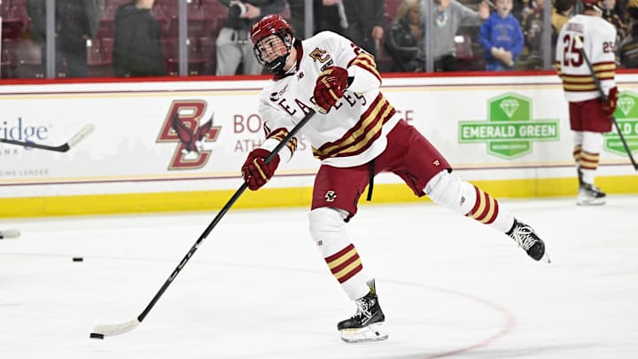 Feb 28, 2025; Chestnut Hill, MA, USA; Boston College forward Dean Letourneau (20) warms up before a game against the University of New Hampshire Wildcats at Conte Forum. Mandatory Credit: Eric Canha-Imagn Images