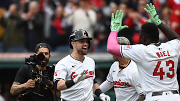 Oct 12, 2024; Cleveland, Ohio, USA; Cleveland Guardians outfielder Lane Thomas (8) celebrates with outfielder Jhonkensy Noel (43) in the fifth inning against the Detroit Tigers during game five of the ALDS for the 2024 MLB Playoffs at Progressive Field. Mandatory Credit: Ken Blaze-Imagn Images
