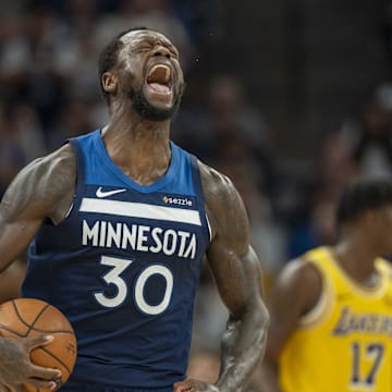 Apr 25, 2025; Minneapolis, Minnesota, USA; Minnesota Timberwolves forward Julius Randle (30) reacts in celebration after a foul is called against the Los Angeles Lakers in the first half during game three of first round for the 2024 NBA Playoffs at Target Center. Mandatory Credit: Jesse Johnson-Imagn Images