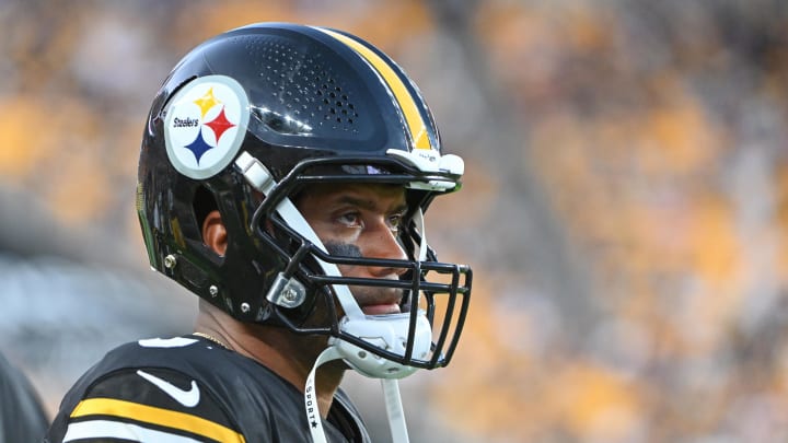 Aug 9, 2024; Pittsburgh, Pennsylvania, USA; Pittsburgh Steelers quarterback Russell Wilson (3) watches the action against the Houston Texans during the 2nd quarter at Acrisure Stadium. Mandatory Credit: Barry Reeger-USA TODAY Sports