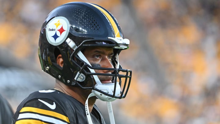 Aug 9, 2024; Pittsburgh, Pennsylvania, USA; Pittsburgh Steelers quarterback Russell Wilson (3) watches the action against the Houston Texans during the 2nd quarter at Acrisure Stadium. Mandatory Credit: Barry Reeger-USA TODAY Sports