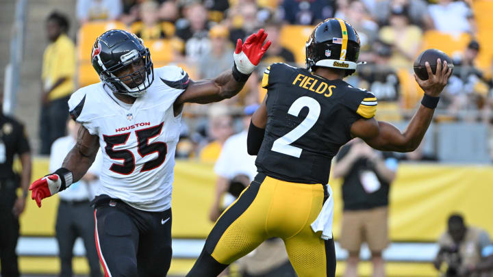 Aug 9, 2024; Pittsburgh, Pennsylvania, USA;  Houston Texans defensive end Danielle Hunter (55) pressures Pittsburgh Steelers quarterback Justin Fields (2) during the first quarter at Acrisure Stadium. Mandatory Credit: Barry Reeger-USA TODAY Sports