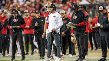 Oct 27, 2024; Santa Clara, California, USA; San Francisco 49ers head coach Kyle Shanahan looks on after the first down by the Dallas Cowboys during the third quarter at Levi's Stadium. Mandatory Credit: Neville E. Guard-Imagn Images