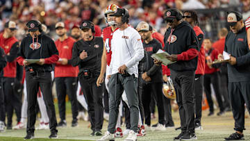 Oct 27, 2024; Santa Clara, California, USA; San Francisco 49ers head coach Kyle Shanahan looks on after the first down by the Dallas Cowboys during the third quarter at Levi's Stadium.
