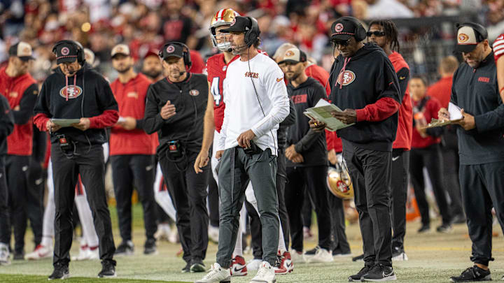 Oct 27, 2024; Santa Clara, California, USA; San Francisco 49ers head coach Kyle Shanahan looks on after the first down by the Dallas Cowboys during the third quarter at Levi's Stadium.