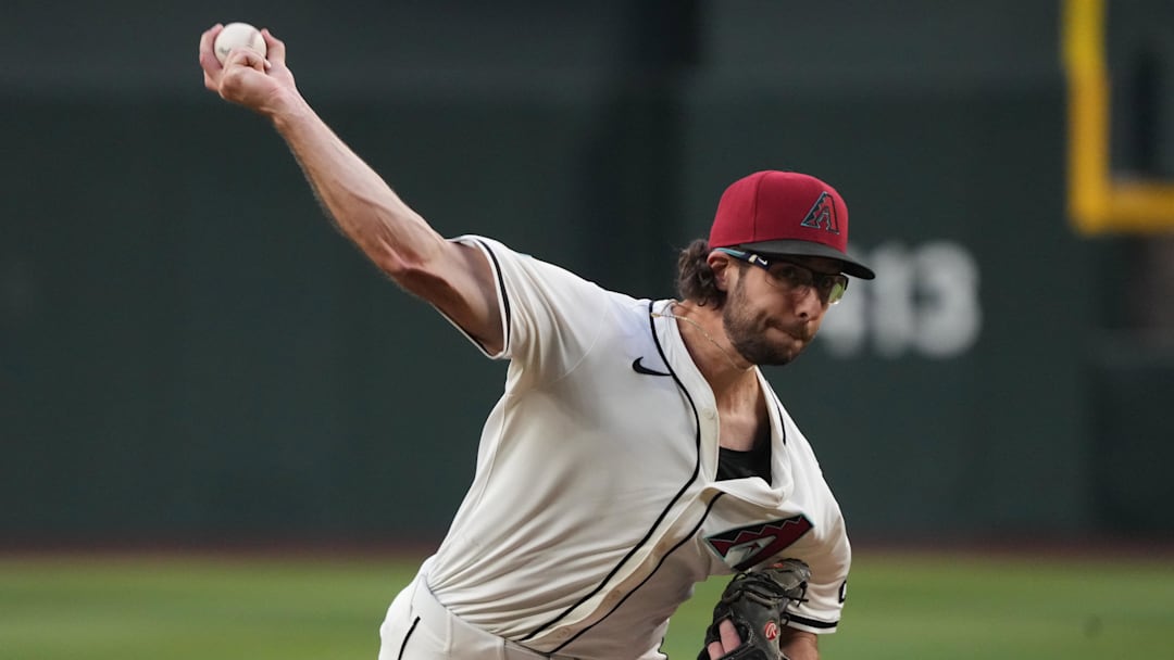 May 6, 2025; Phoenix, Arizona, USA; Arizona Diamondbacks pitcher Zac Gallen (23) throws against the New York Mets in the first inning at Chase Field. Mandatory Credit: Rick Scuteri-Imagn Images