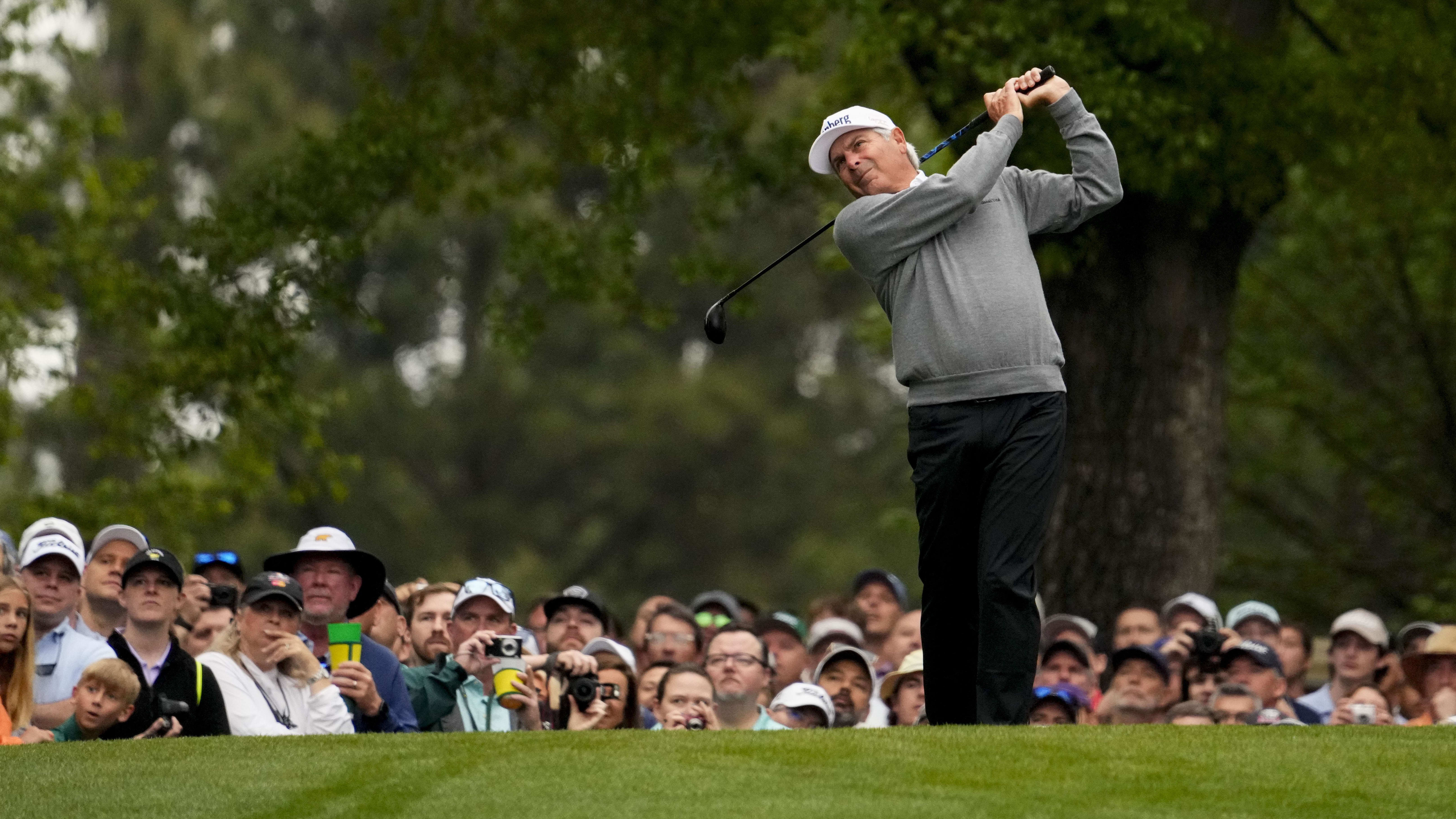 Apr 9, 2024; Augusta, Georgia, USA; Fred Couples tees off on the fourth hole during a practice round