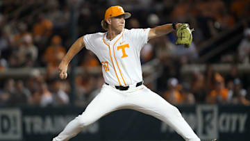 Tennessee pitcher Tanner Franklin (50) pitches during a NCAA baseball game between Tennessee and Kentucky at Lindsey Nelson Stadium in Knoxville, Tenn., on April 18, 2025.