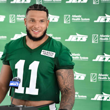 Jul 25, 2024; Florham Park, NJ, USA; New York Jets linebacker Jermaine Johnson (11) speaks to the media after training camp at Atlantic Health Jets Training Center. 