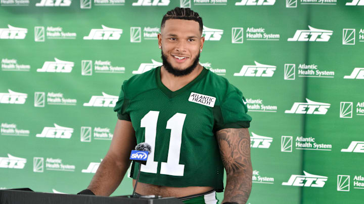 Jul 25, 2024; Florham Park, NJ, USA; New York Jets linebacker Jermaine Johnson (11) speaks to the media after training camp at Atlantic Health Jets Training Center. 