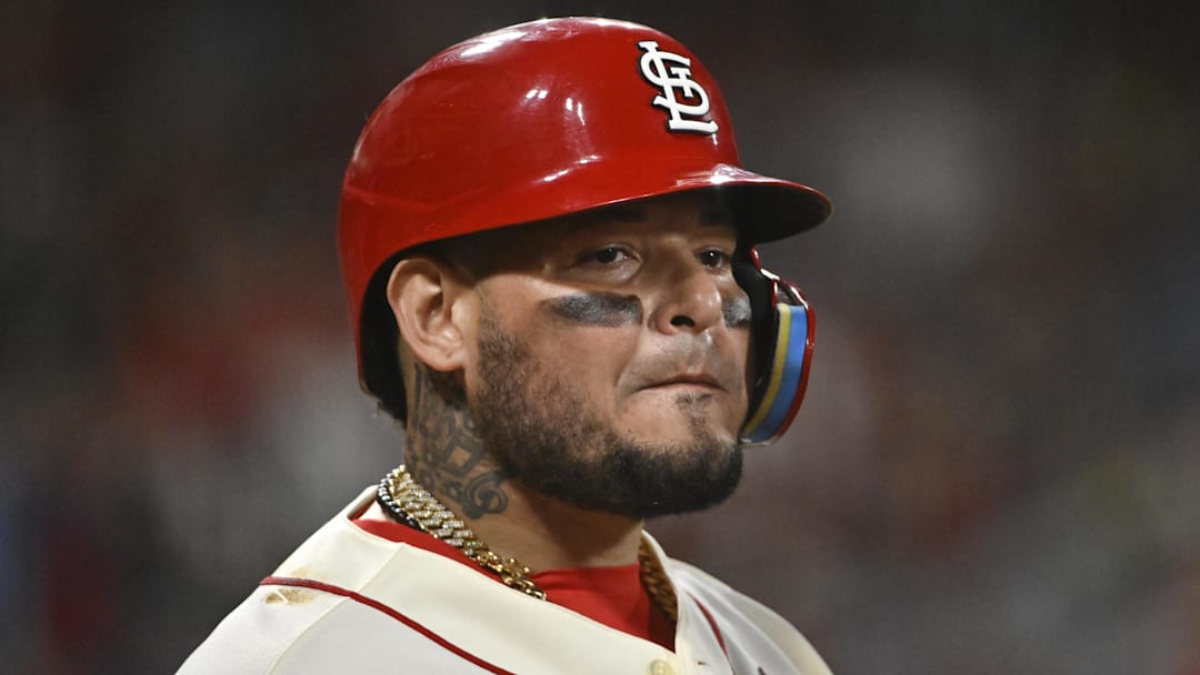 St. Louis Cardinals catcher Yadier Molina (4) against the Philadelphia Phillies during the 2022 MLB Playoffs at Busch Stadium. St. Louis Cardinals catcher Yadier Molina (4) against the Philadelphia Phillies during the 2022 MLB Playoffs at Busch Stadium.